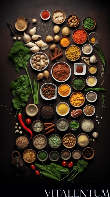 Intricate Imagery of Diverse Vegetables, Spices, and Herbs on a Dark Background AI Image