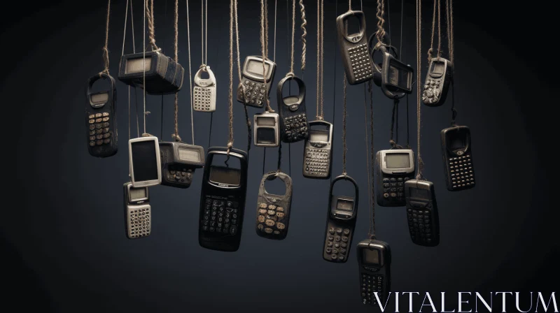 Captivating Antique Cellphones Hanging Artwork on Black Background AI Image