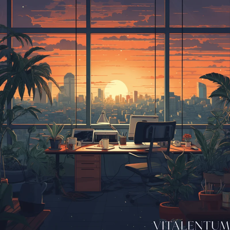 Captivating Office Scene: Nature-inspired Manga Style with Gritty Cityscapes AI Image