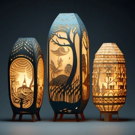 Intricate Wooden Lanterns with Detailed Character Design and Tropical Landscapes