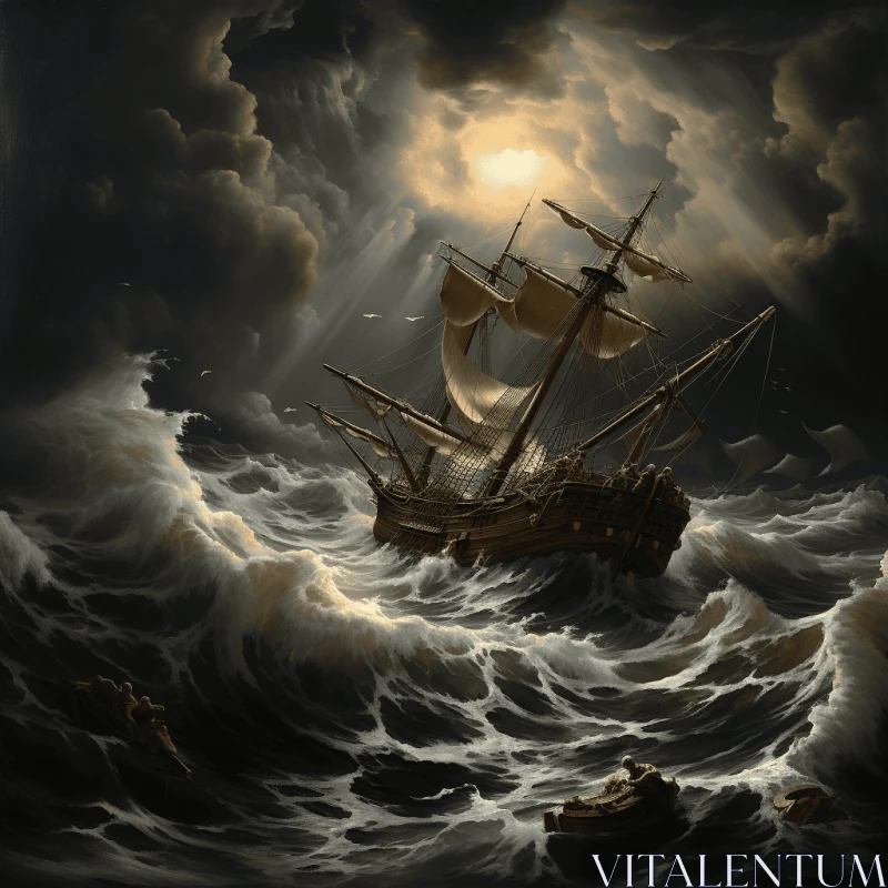 Ship in Stormy Sea - Captivating Baroque Chiaroscuro Artwork AI Image