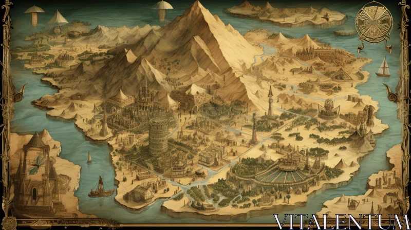 Mystical Fantasy Landmap with Imposing Monuments and Mythical Iconography AI Image