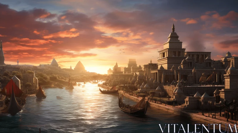 Ancient City with Majestic Ships: A Serene and Lifelike Rendering AI Image