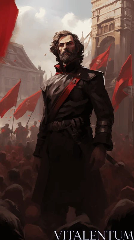 Captivating Image of a Bearded Man Holding Red Flags AI Image