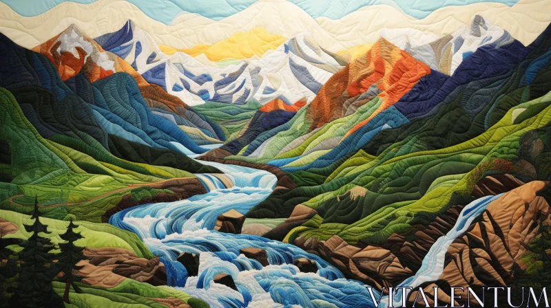 Captivating Quilt: Vibrant Mountain Scene with Flowing Stream AI Image