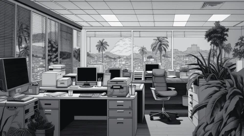 Captivating Black and White Office Illustration with Lush Plants