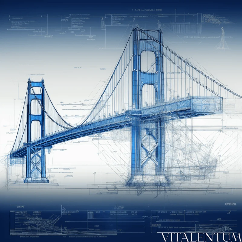 AI ART Golden Gate Bridge Blueprint Plan - Captivating Digital Illustration