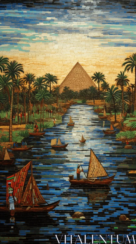 Captivating Wood Veneer Mosaic Painting of a River with Boats and Pyramids AI Image