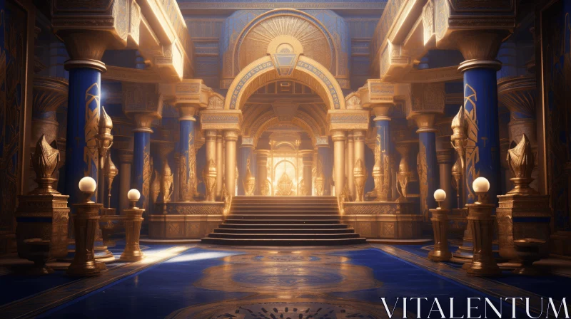 Ethereal 3D Interior with Golden Pillars and Blue Steps | Unreal Engine AI Image