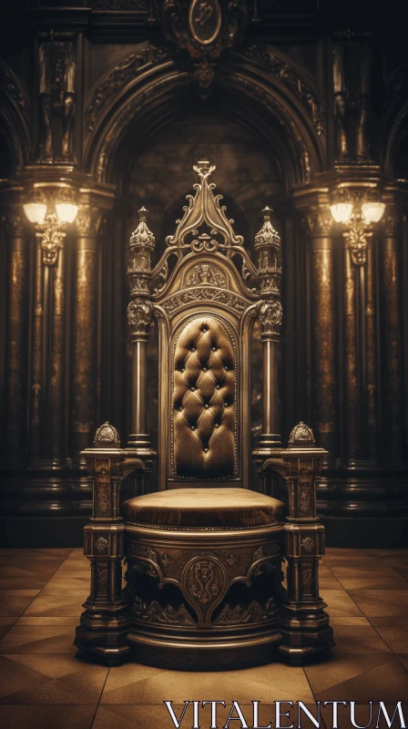 Golden Throne on Aged Wooden Floor: Futuristic Victorian Gothic Art AI Image