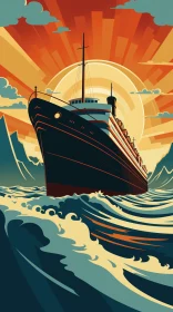 Vintage Poster Style: A Majestic Cruise Ship Sailing through the Waves