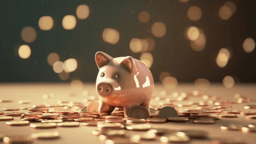 3D Piggy Bank Among Coins in Open Field: Sketchfab Style