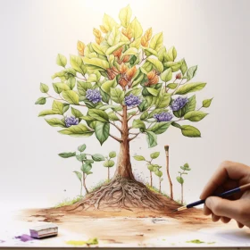 Detailed Botanical Illustration of a Tree with Dramatic Lighting