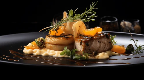 Exquisite Foie Gras Still Life on Mashed Potatoes and Rosemary