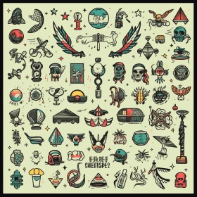 Vibrant Tattoo Symbols Set in Psychedelic Style