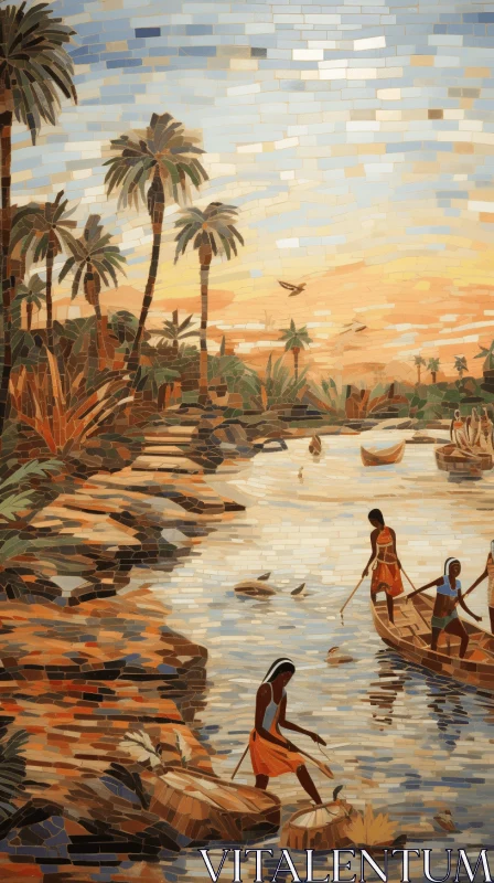 Captivating Painting of People on a Waterway | African Patterns | Wood Veneer Mosaics AI Image