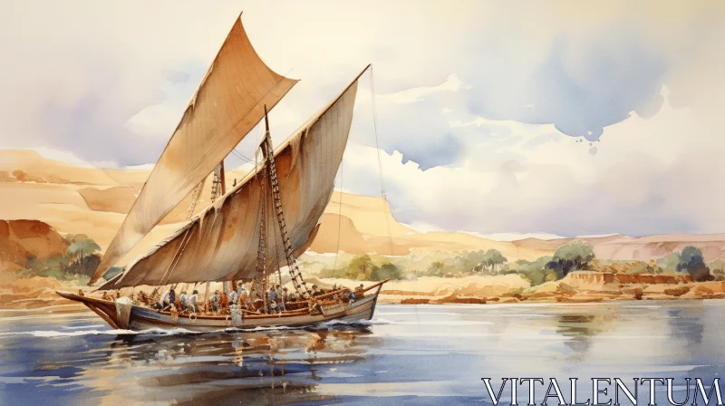 Ancient Boat Watercolor Painting | Classical and Historical Genre Scenes AI Image