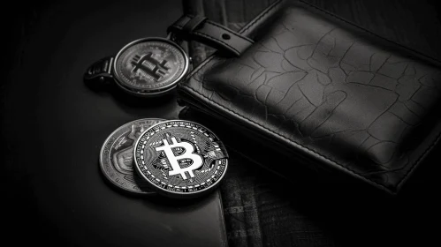 Bitcoin Coins in Black Wallet: Captivating Black and White Photography