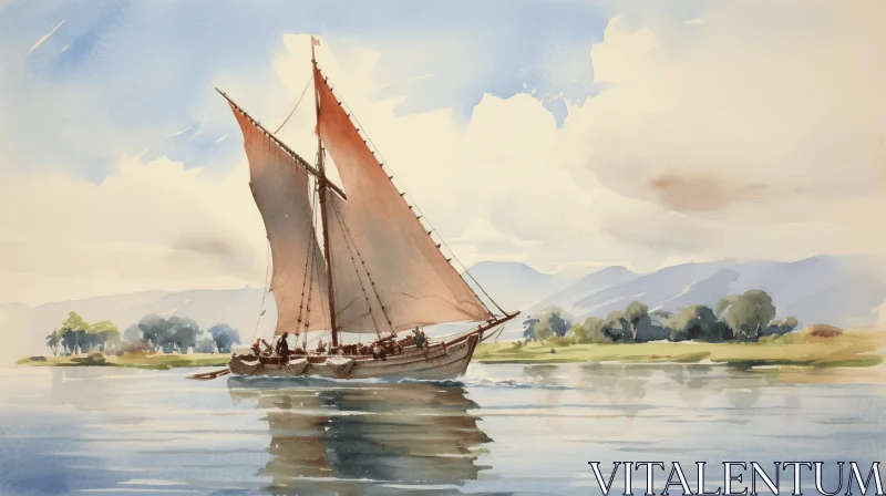 Captivating Sailboat Sailing Down the River | Traditional Watercolor Illustration AI Image