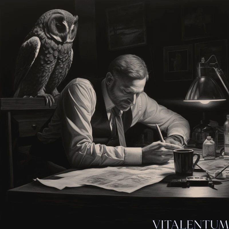 Black and White Realism: A Man Writing at a Desk with an Owl - Highly Detailed Illustrations AI Image
