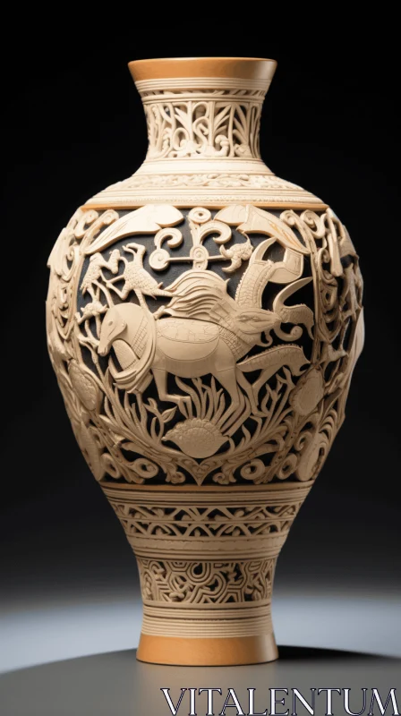 Intricate Cut-Outs: Mythological Realism in a Wooden Vase AI Image