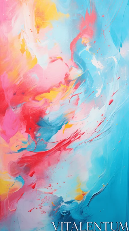 Colorful Abstract Painting with Blue Clouds and Red/Pink Colors AI Image