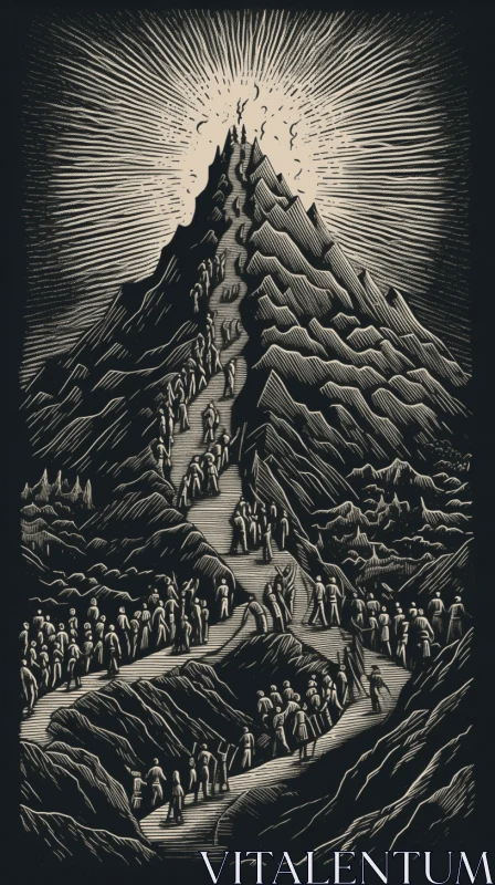 Captivating Black and White Woodcut Illustration of a Mountain with People AI Image
