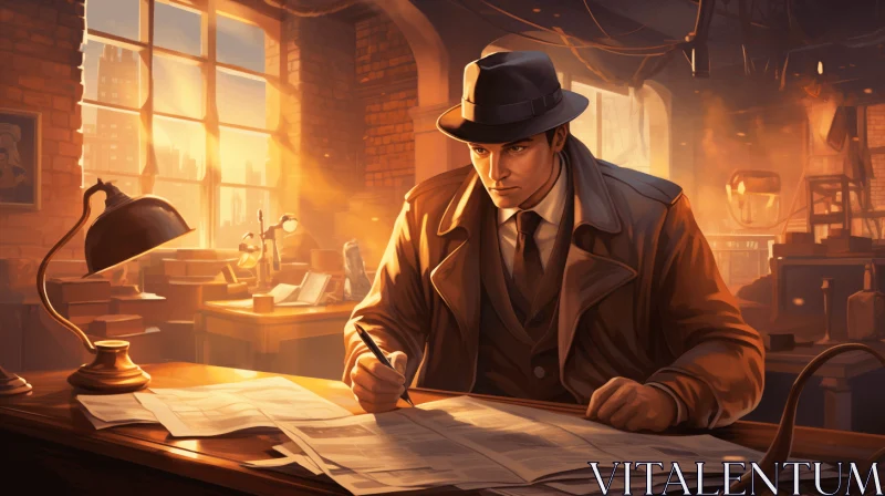 Captivating Mystery: Investigator Writing on Desk in Golden Age Illustrations Style AI Image