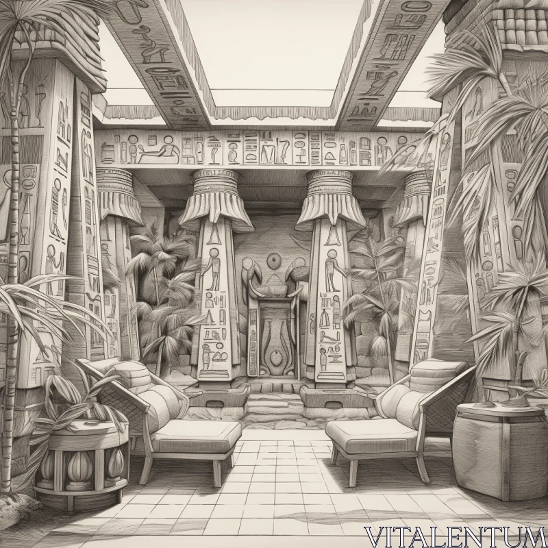 Intricate Egyptian-Style Room Drawing with Realism and Art Deco Ornamentation AI Image