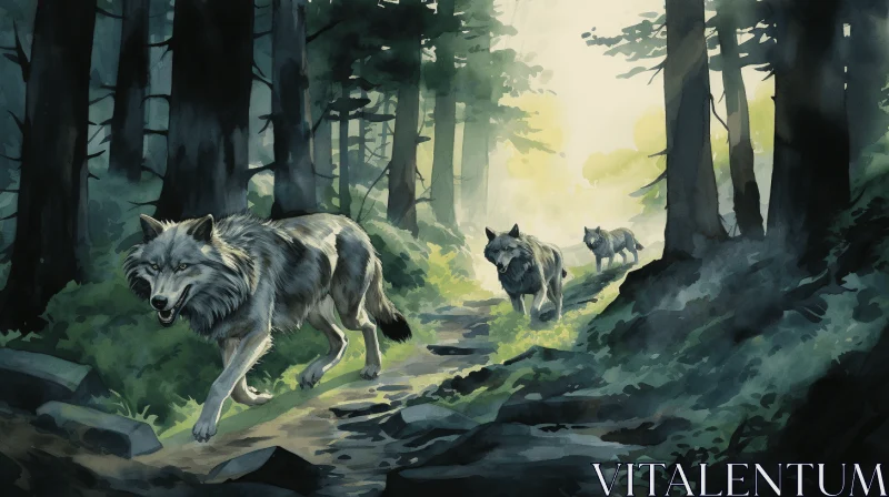 Enchanting Wolves in the Woods: Captivating Speedpainting Art AI Image