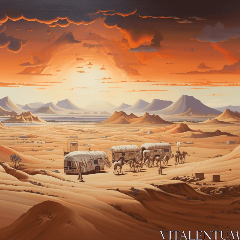 Illustration of Desert Wagons Travelling through Sand Dunes | Science Fiction Art AI Image