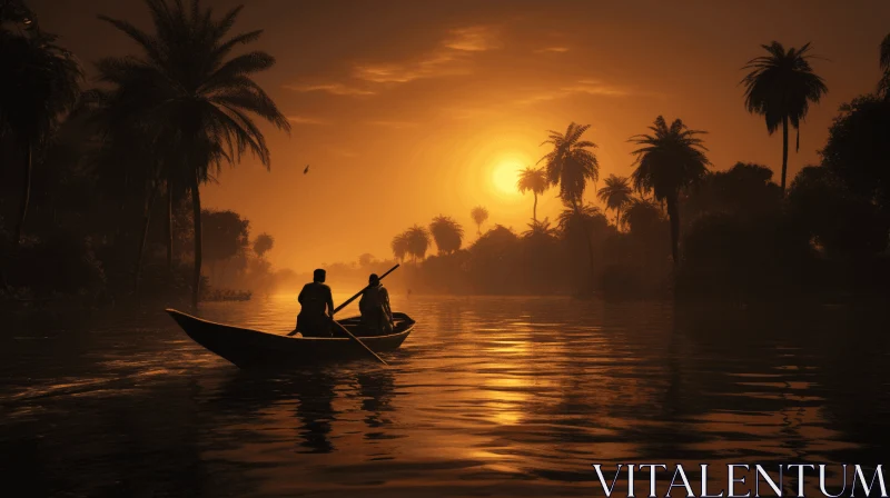 Captivating Nature Artwork: Two Men in a Boat Surrounded by Trees AI Image
