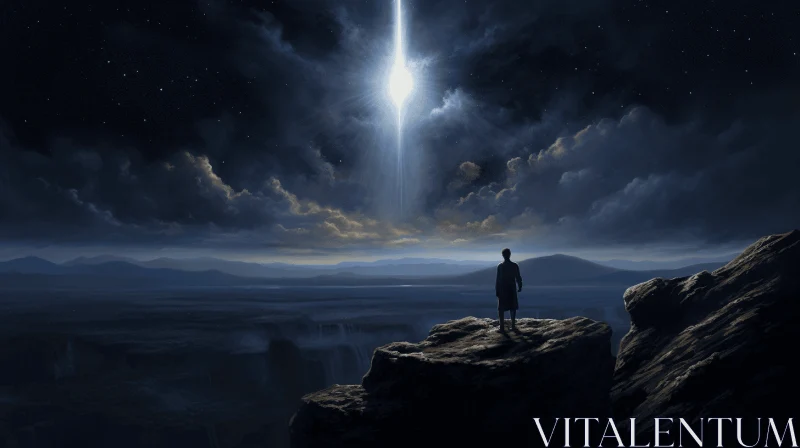 Man Standing Above Rock Watching Star | Realistic Depiction of Light AI Image