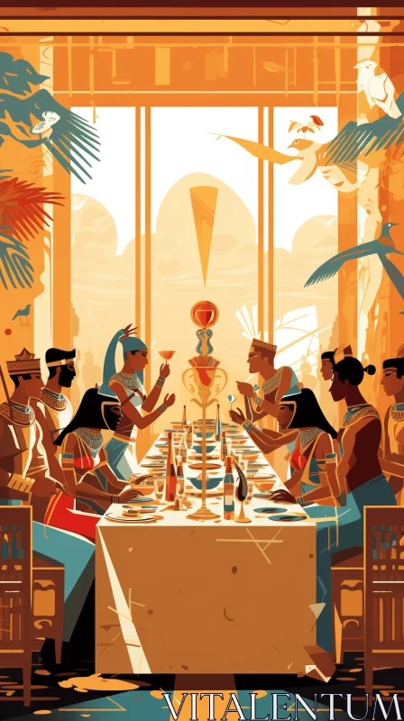 Captivating Egyptian Cuisine Illustration: A Feast Amongst Columns and Totems AI Image