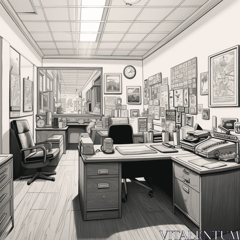 Captivating Noir Comic Art: Hyperrealistic Office Room Illustration AI Image