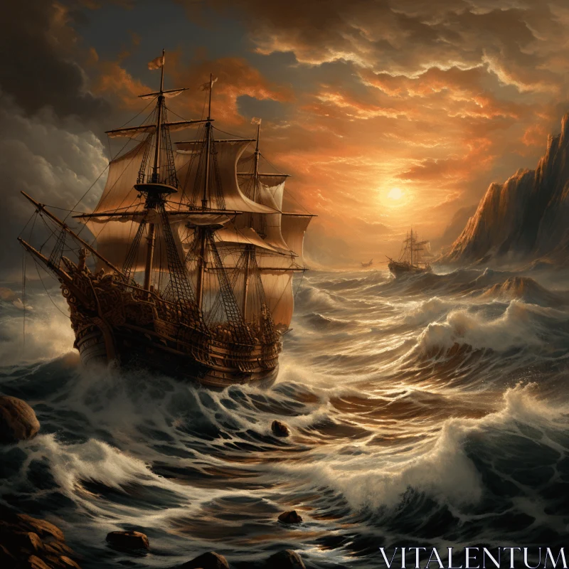 Stormy Ocean with Sailing Ship - Digital Fantasy Art AI Image