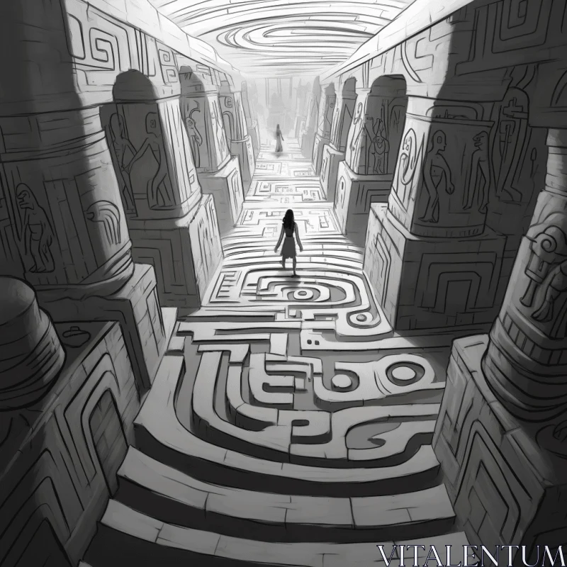 Enigmatic Art: Man on Stone Stairs in a Captivating Maze AI Image