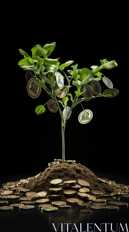 Tree Plant with Money Coin on Dark Background - Fragmented Advertising Style AI Image