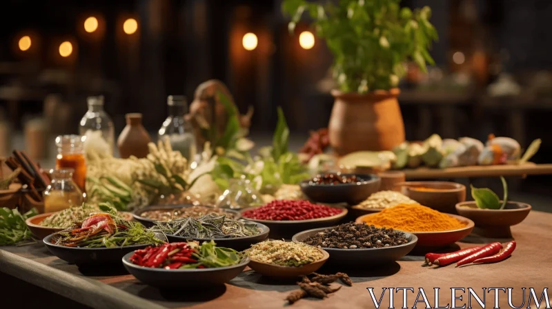 Captivating Arrangement of Spices on Wooden Table | Medieval Inspired AI Image