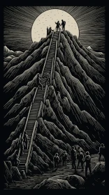Surreal Black and White Painting: Men Climbing a Mountain | Himalayan Art