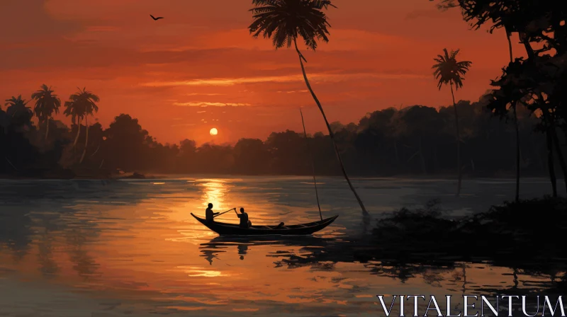 Serene River Scene with Palm Trees and Boat | Digital Painting AI Image