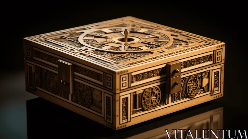 AI ART Exquisite Hyper-Realistic Gold Box with Clock - A Visionary Wood Sculpture