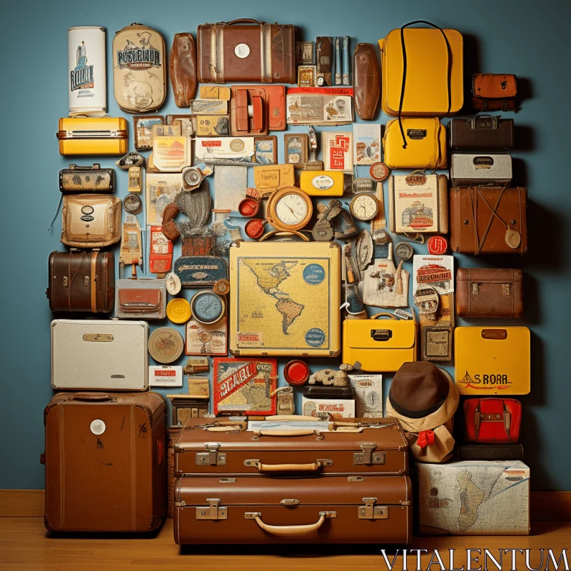 Vintage Suitcases Stacked Next to Wooden Wall | Artistic Cluttered Imagery AI Image
