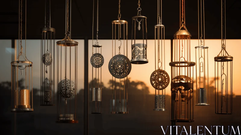 Metal Wind Chimes at Sunset: Photorealistic Compositions with Eclectic Design AI Image