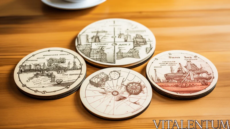 AI ART Captivating Harbor Views: Historical Map Wooden Coasters