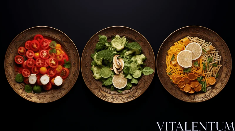 Vibrant Food Presentation: Three Bowls of Fresh Salads on a Black Table AI Image
