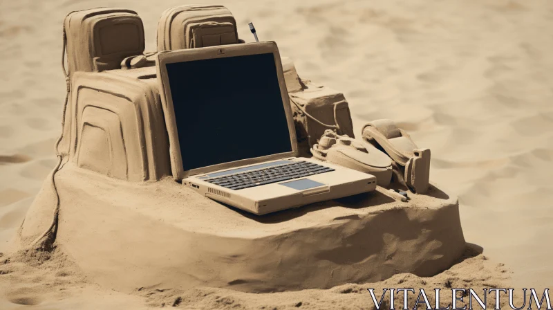 Laptop on Sandy Beach: A Captivating Image of Technology and Nature AI Image
