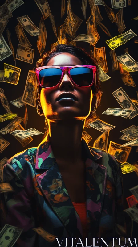 Captivating Fashion Photography: Woman in Sunglasses Flying Over Money AI Image