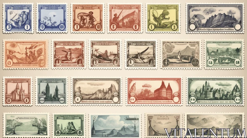 Captivating Vintage Postage Stamps with Art Deco Futurism and Realistic Landscapes AI Image