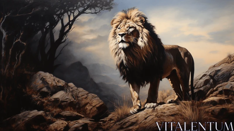 Majestic Lion Painting on Rocks | Atmospheric Landscape Art AI Image